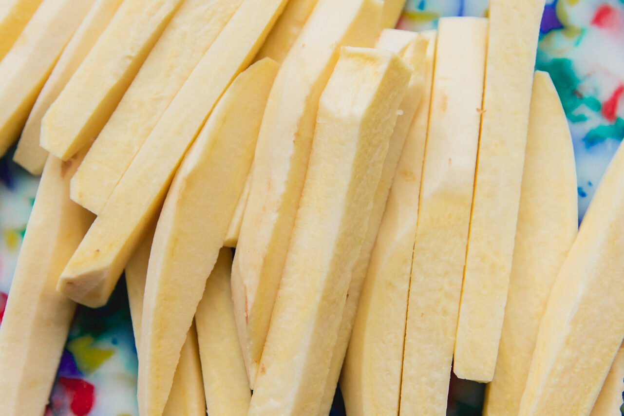 The fries cut up before cooking.