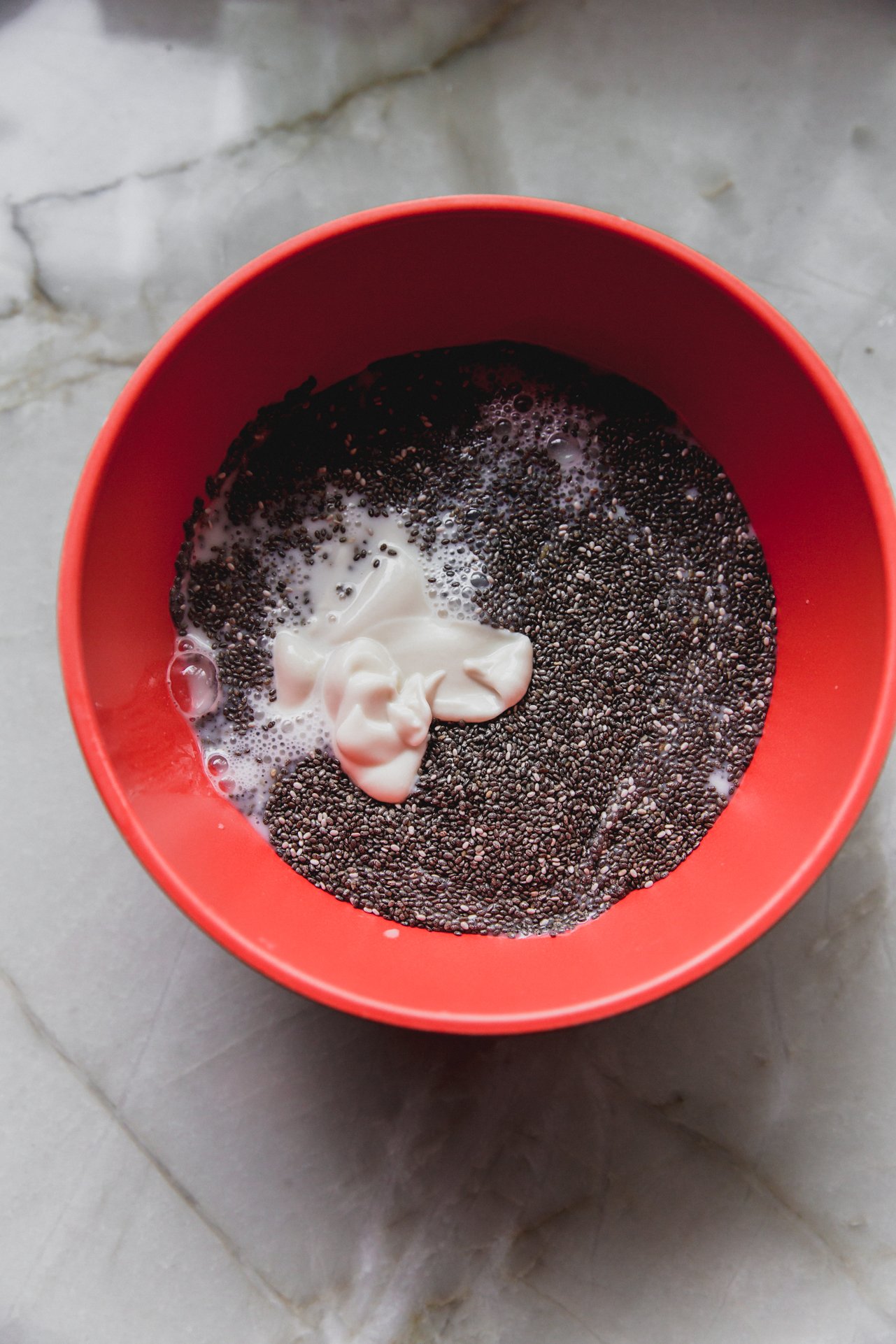 The mixture for the chia seed base before mixing.