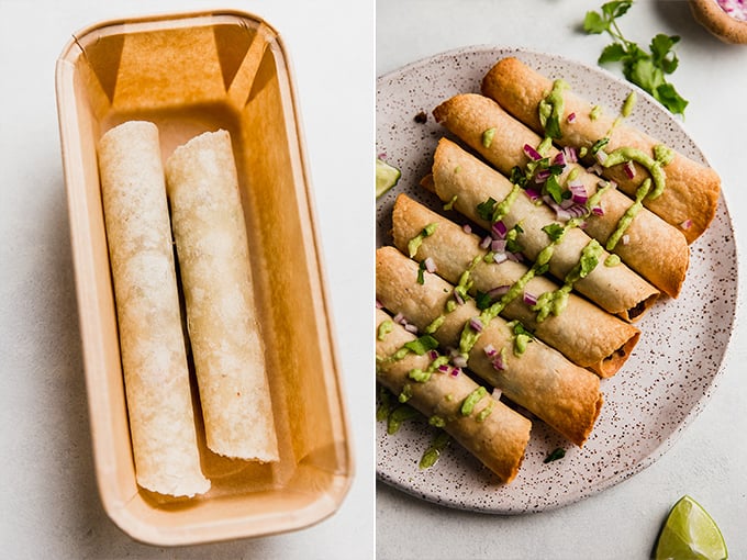 Side by side image of taquitos in a freezer container and fully prepped.