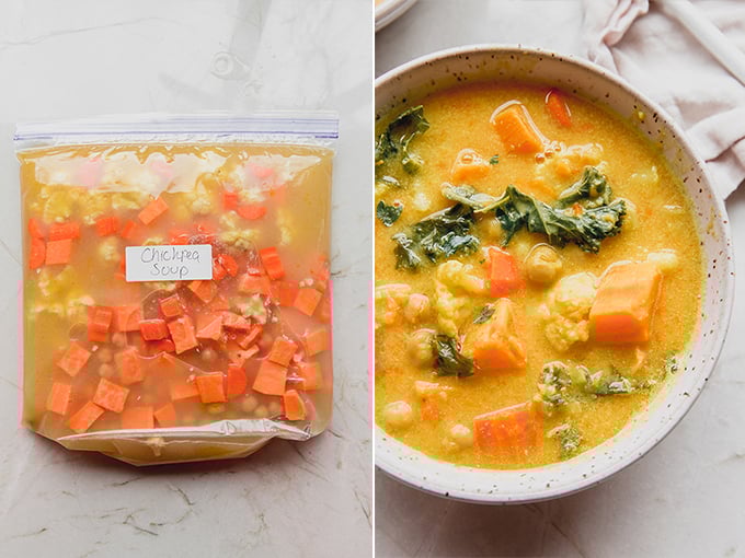 Side by side image of chickpea soup in a freezer bag and fully cooked.