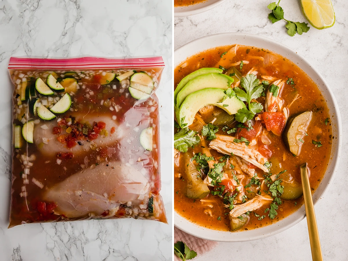 Side by side of slow cooker tortilla soup in a freezer bag and fully cooked