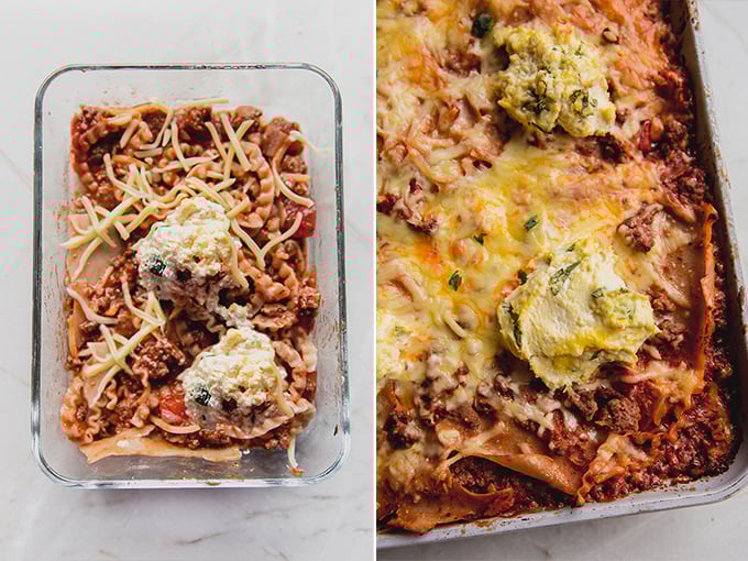 Side by side image of freezer lasagna in a container and fully cooked.