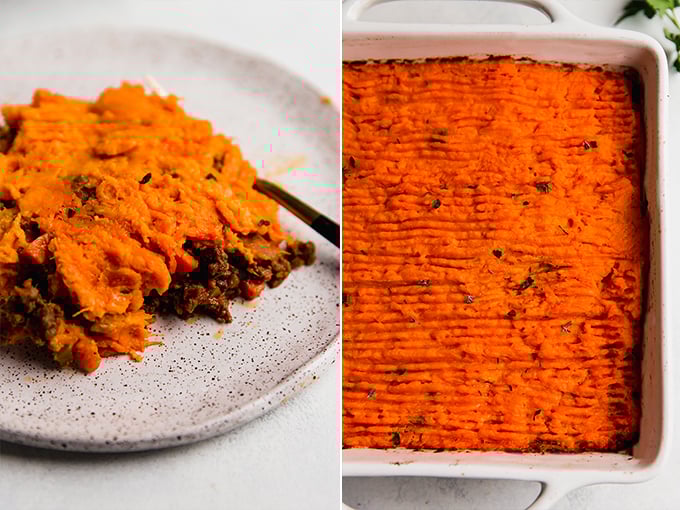 Side by side image of freezer shepherds pie.