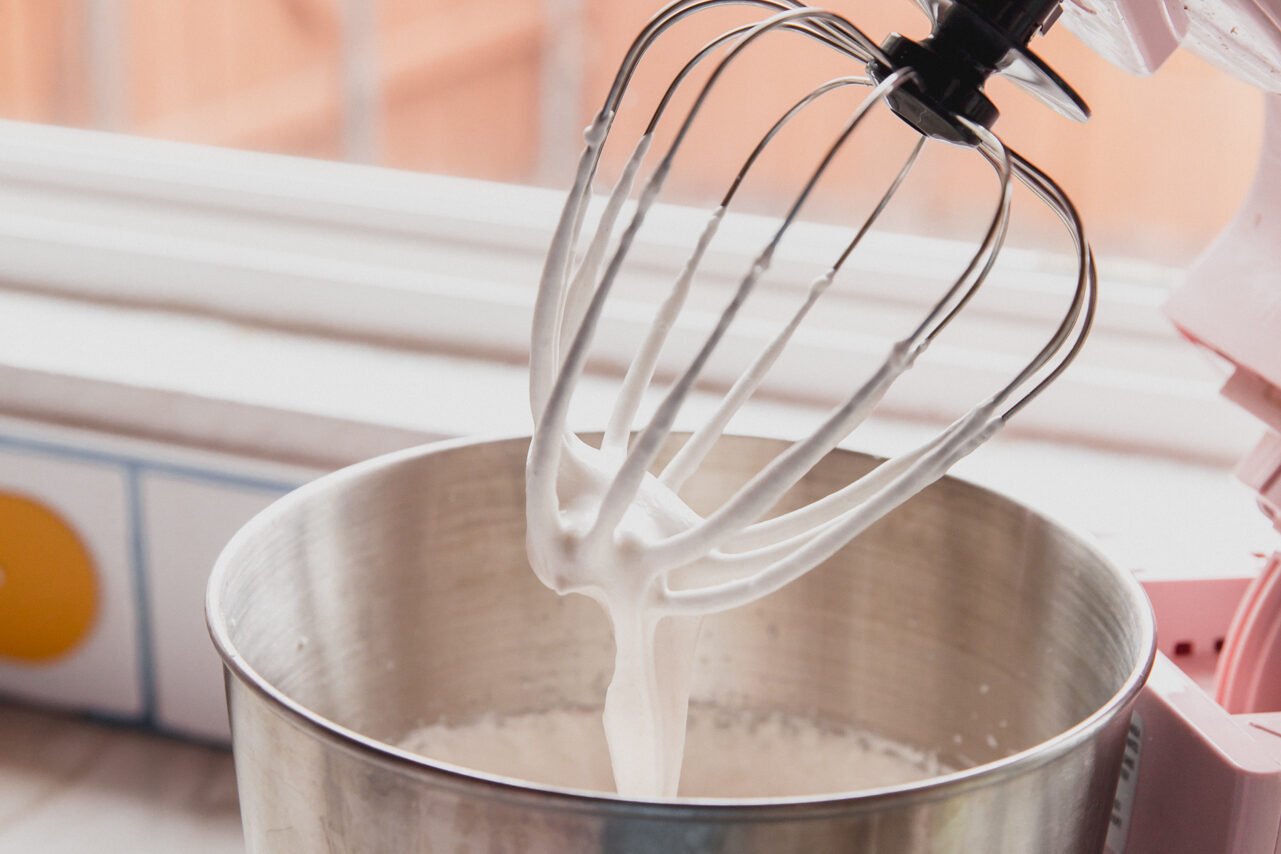 A stand mixer after making the marshmallow layer.