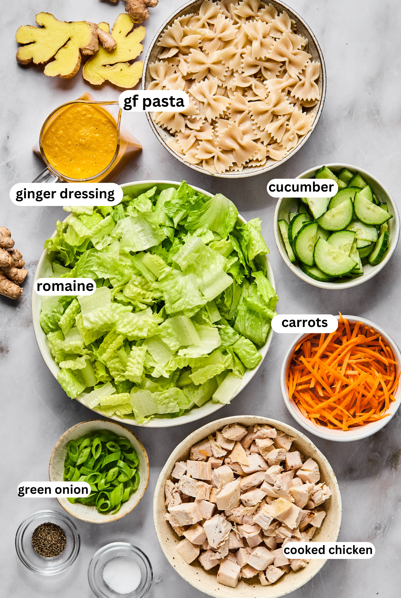 Japanese Ginger pasta salad ingredients in separate bowls. 