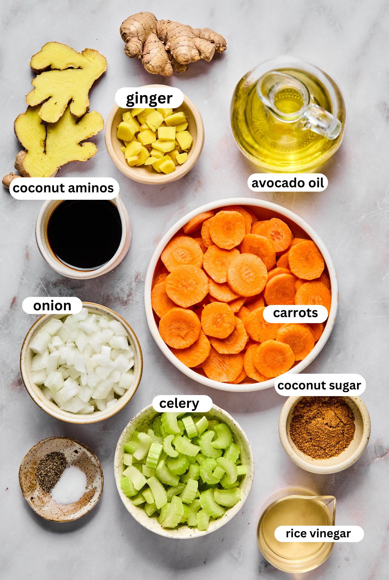 Japanese ginger dressing ingredients in bowls.