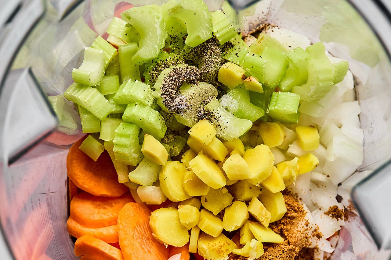 Japanese ginger dressing ingredients in a blender.