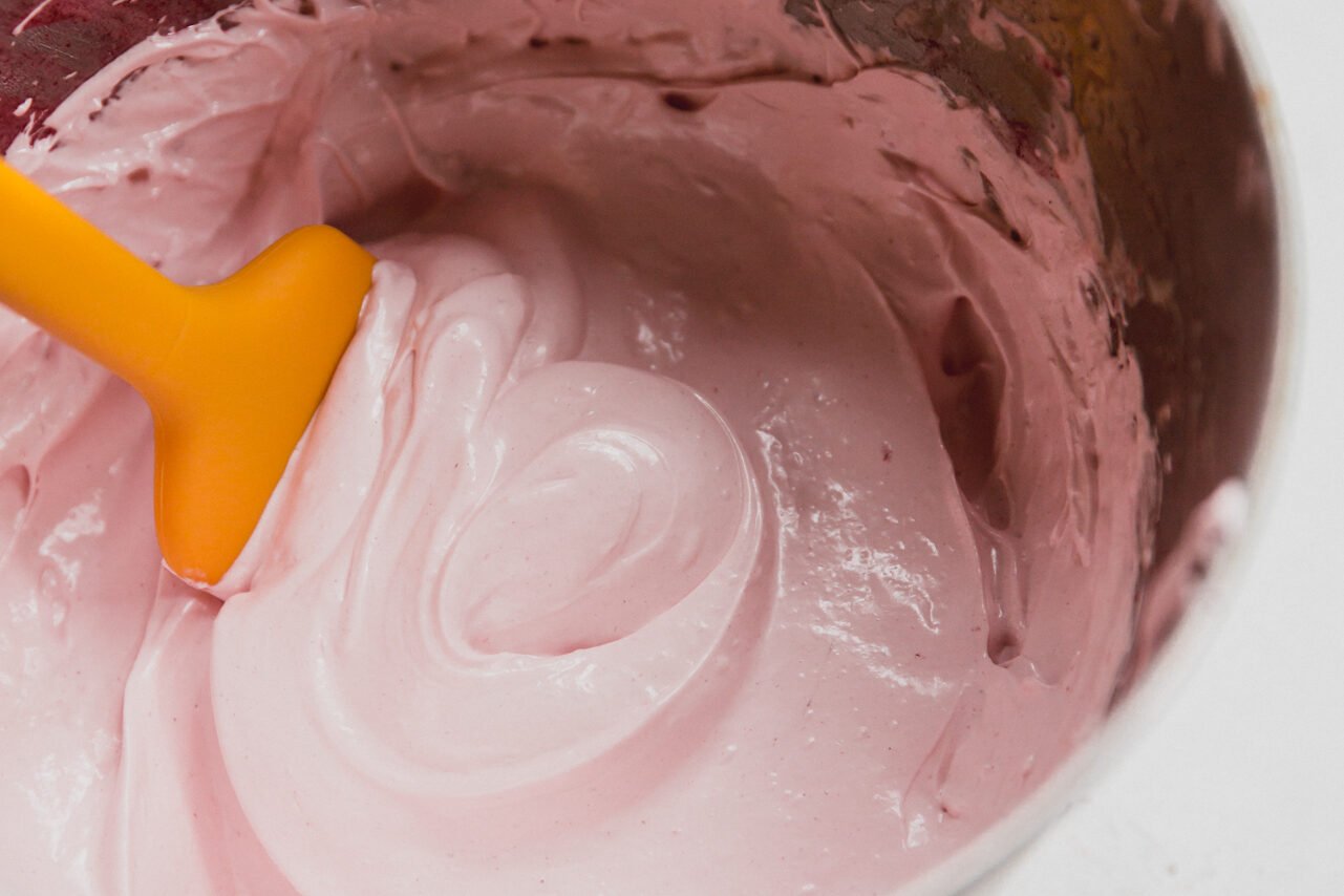 The strawberry marshmallow fluff after beating and adding the strawberries and beet powder.