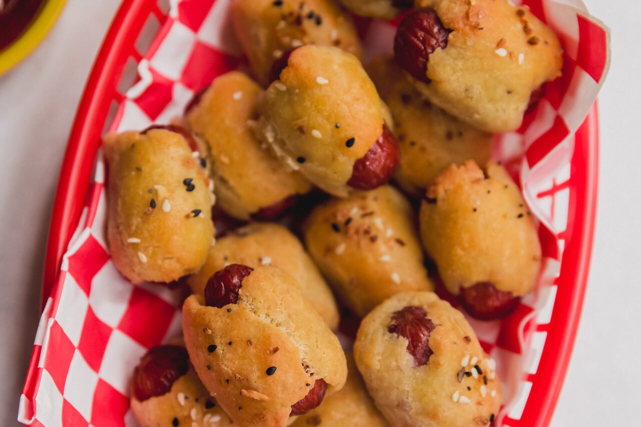 Pigs in a blanket cooked in a basket.