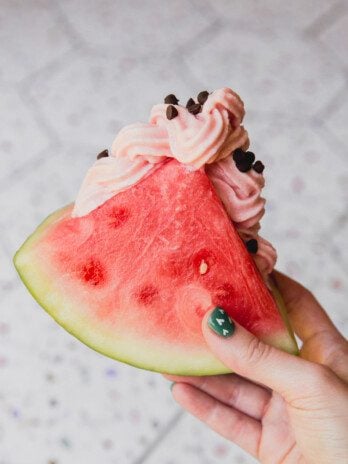 Watermelon dole whip inside a watermelon wedge.