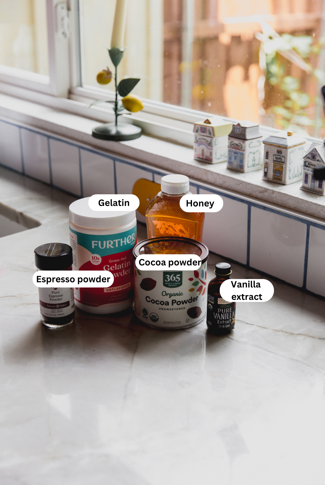 All the ingredients to make chocolate espresso marshmallow fluff.