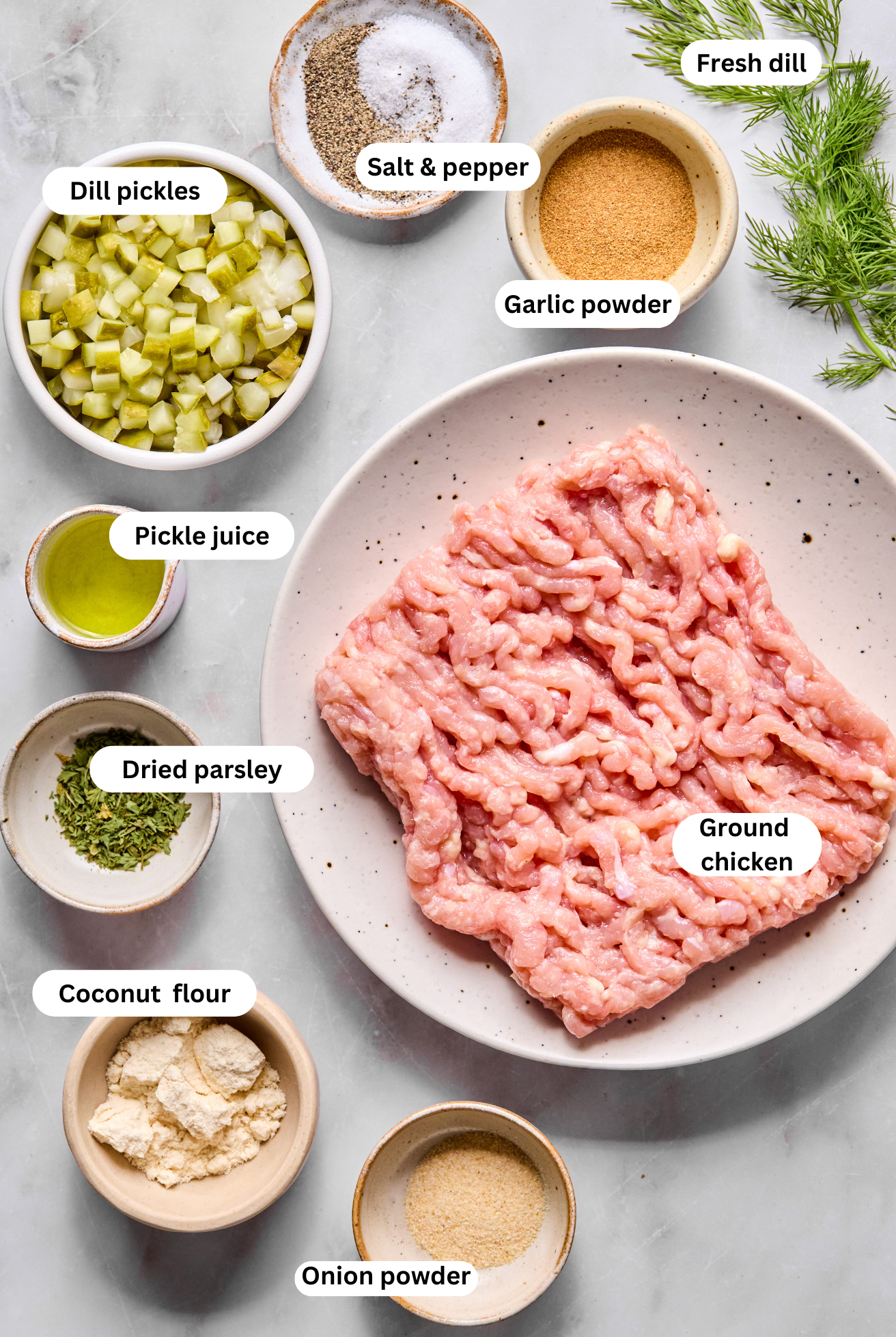 All the ingredients to make pickle chicken burgers before cooking.