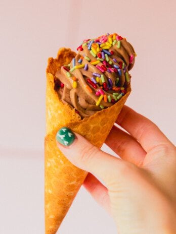 Chocolate protein ice cream in a cone.