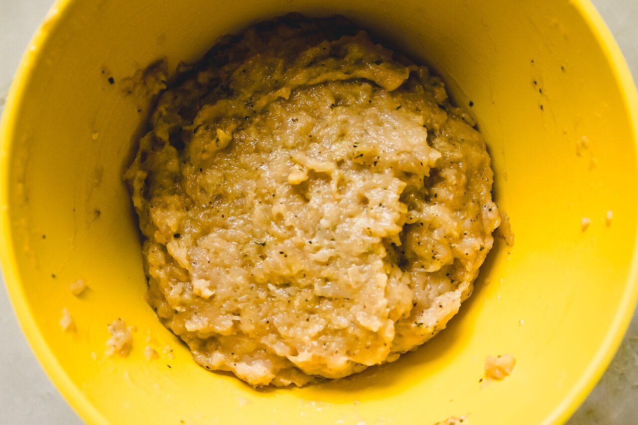 The chicken mixture in a bowl before forming the patties. 