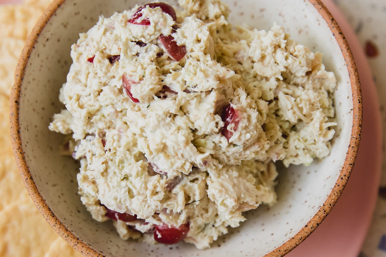 The chicken salad in a bowl after fully complete.