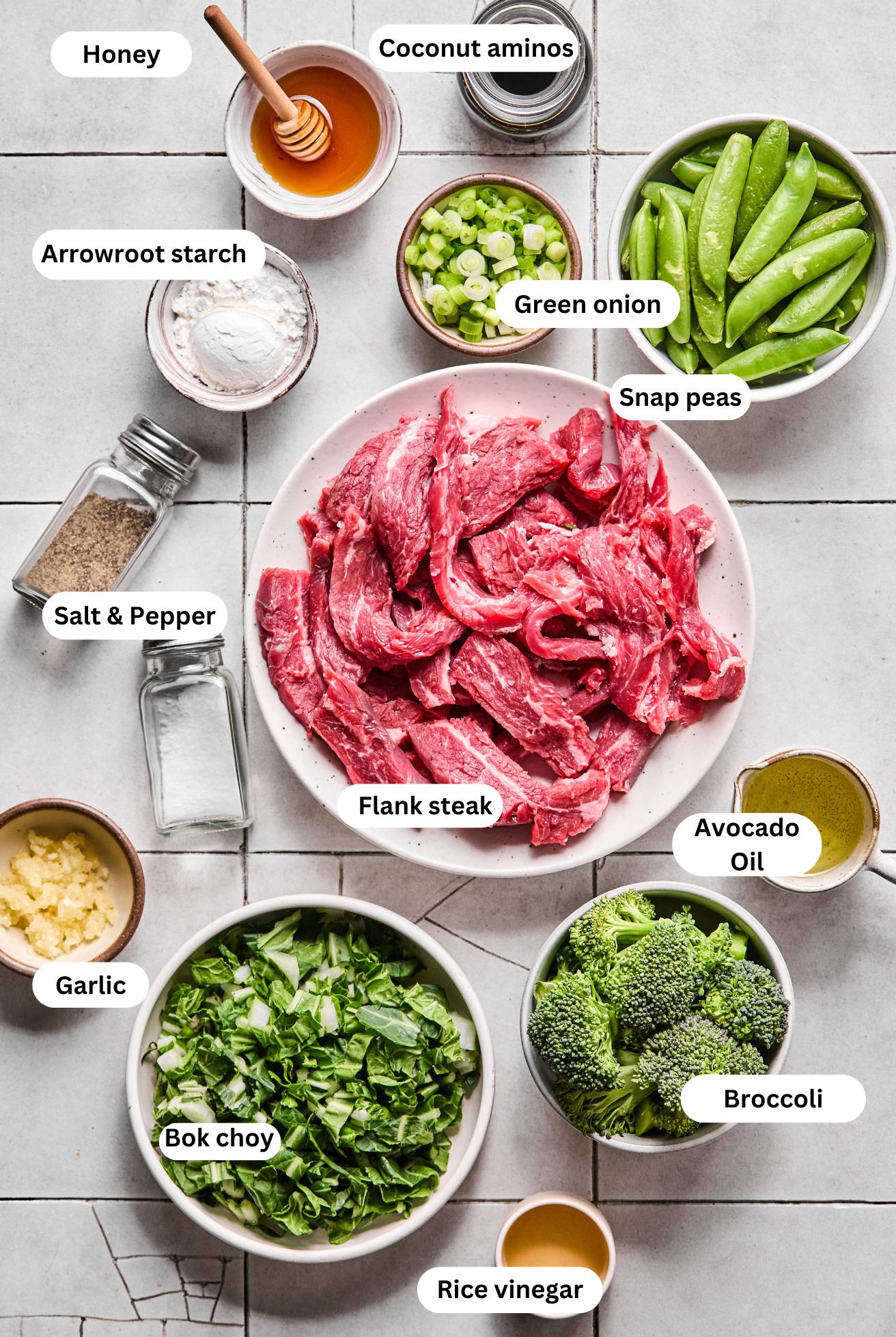 All of the ingredients for honey garlic beef stir fry before cooking.