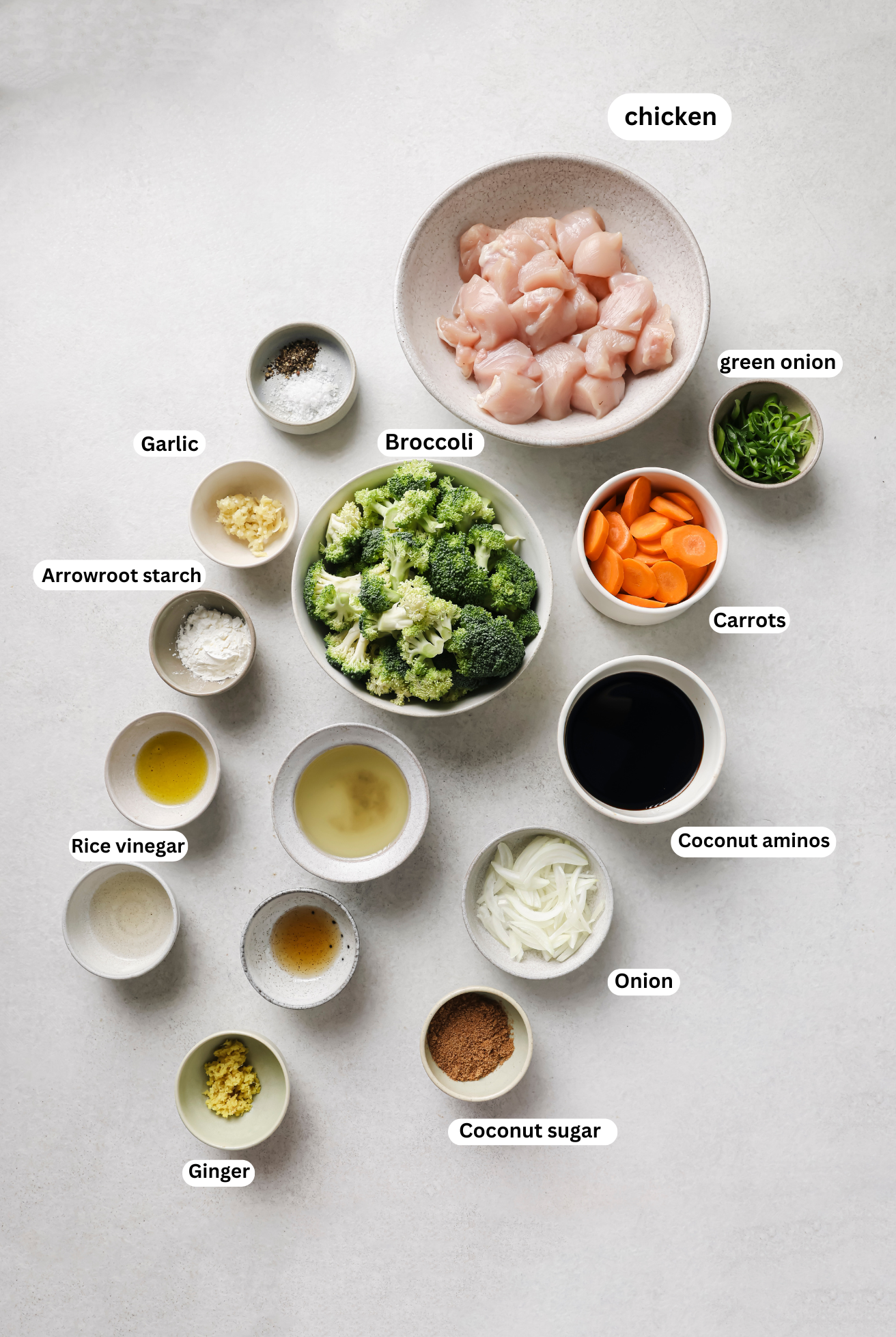 slow cooker chicken and broccoli ingredients in separate bowls. 