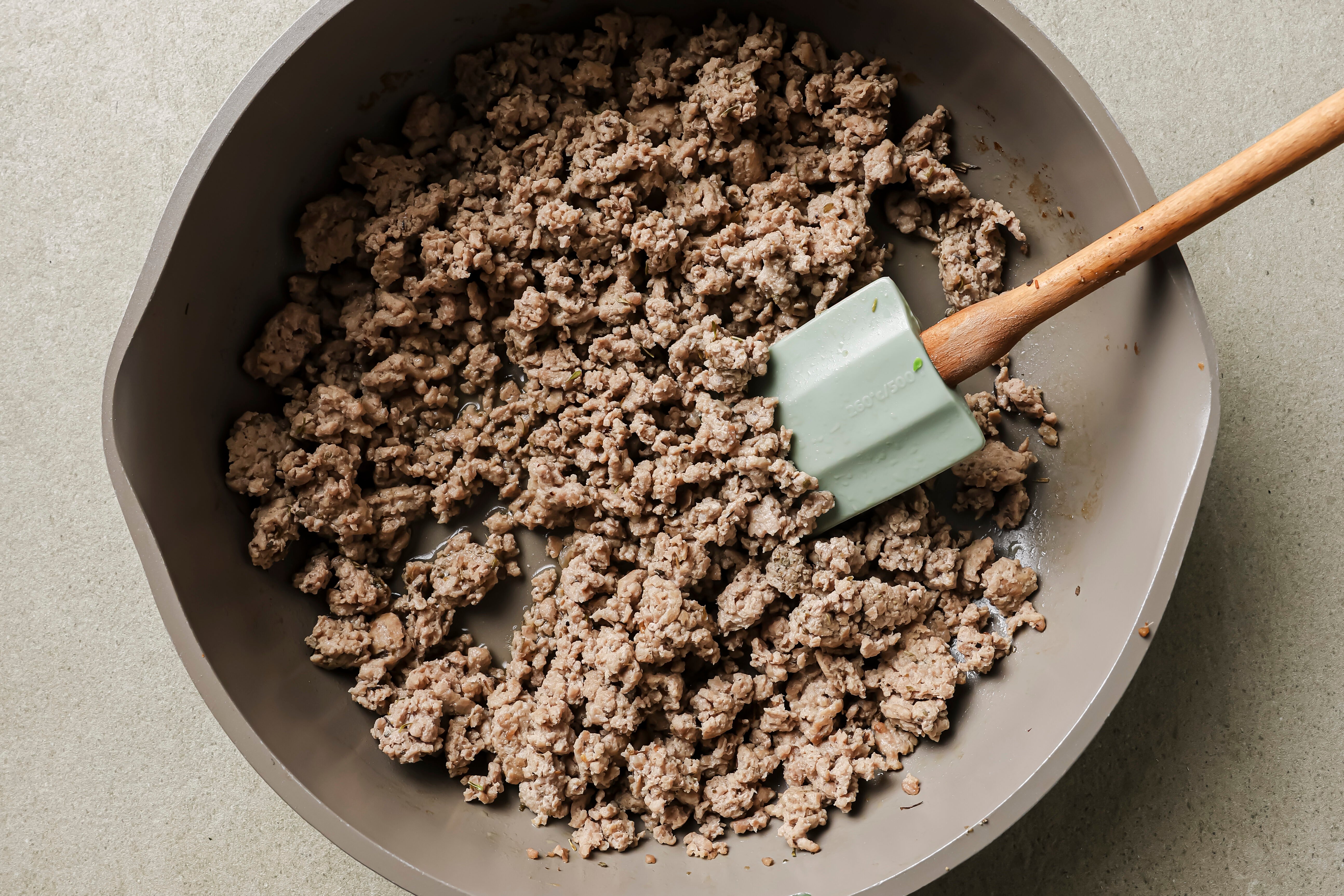 The ground turkey browning in a pan.