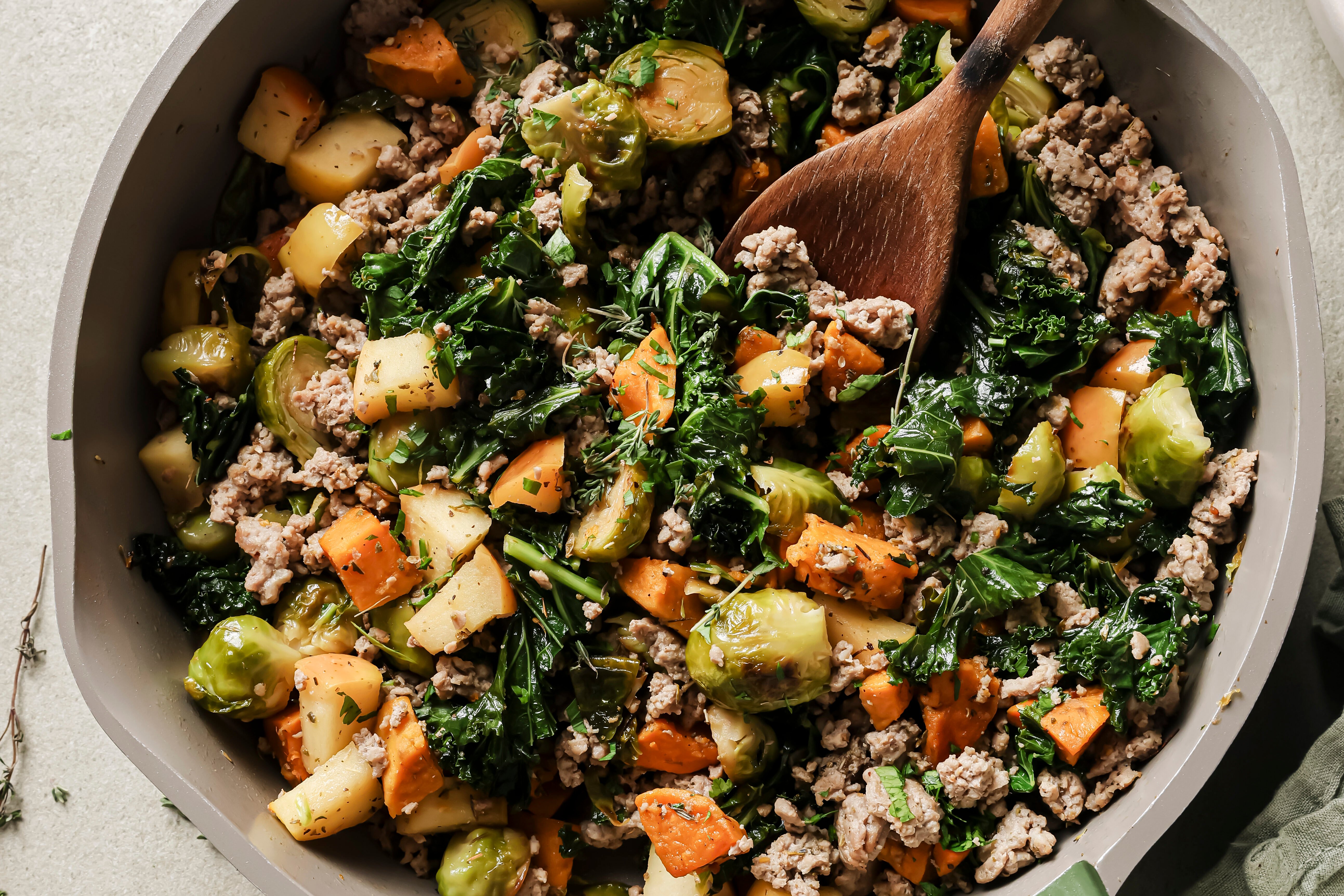 The turkey & sweet potato breakfast hash after cooking in the pan before serving.
