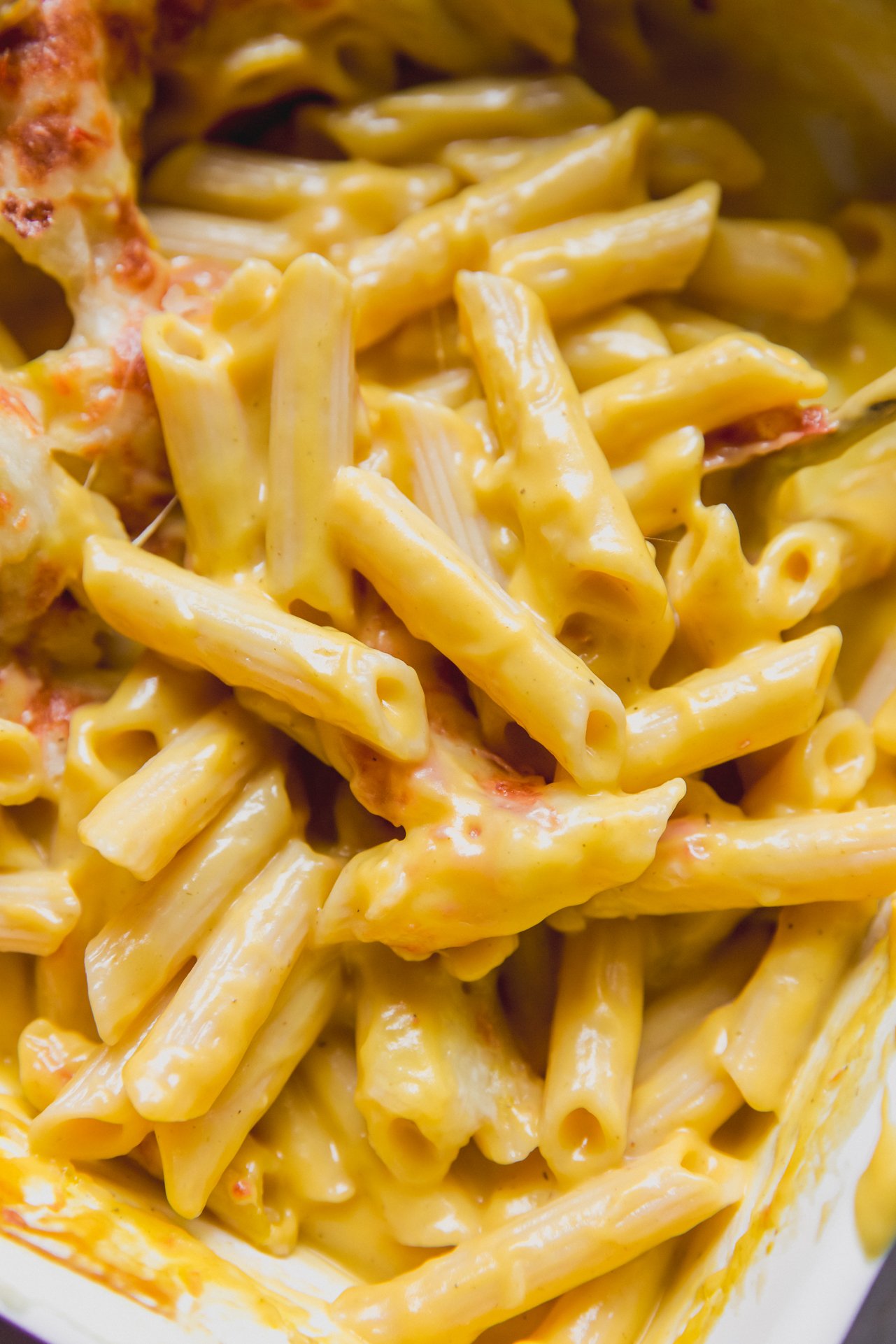 butternut pasta bake in a casserole dish.