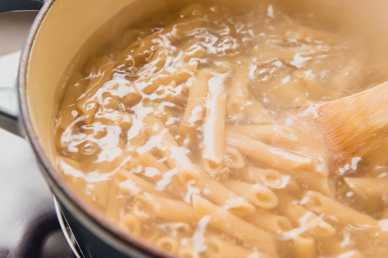 Pasta boiling in a pot.