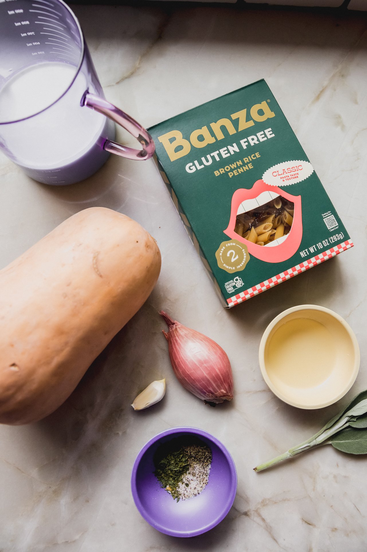 Baked butternut pasta ingredients in separate bowls.