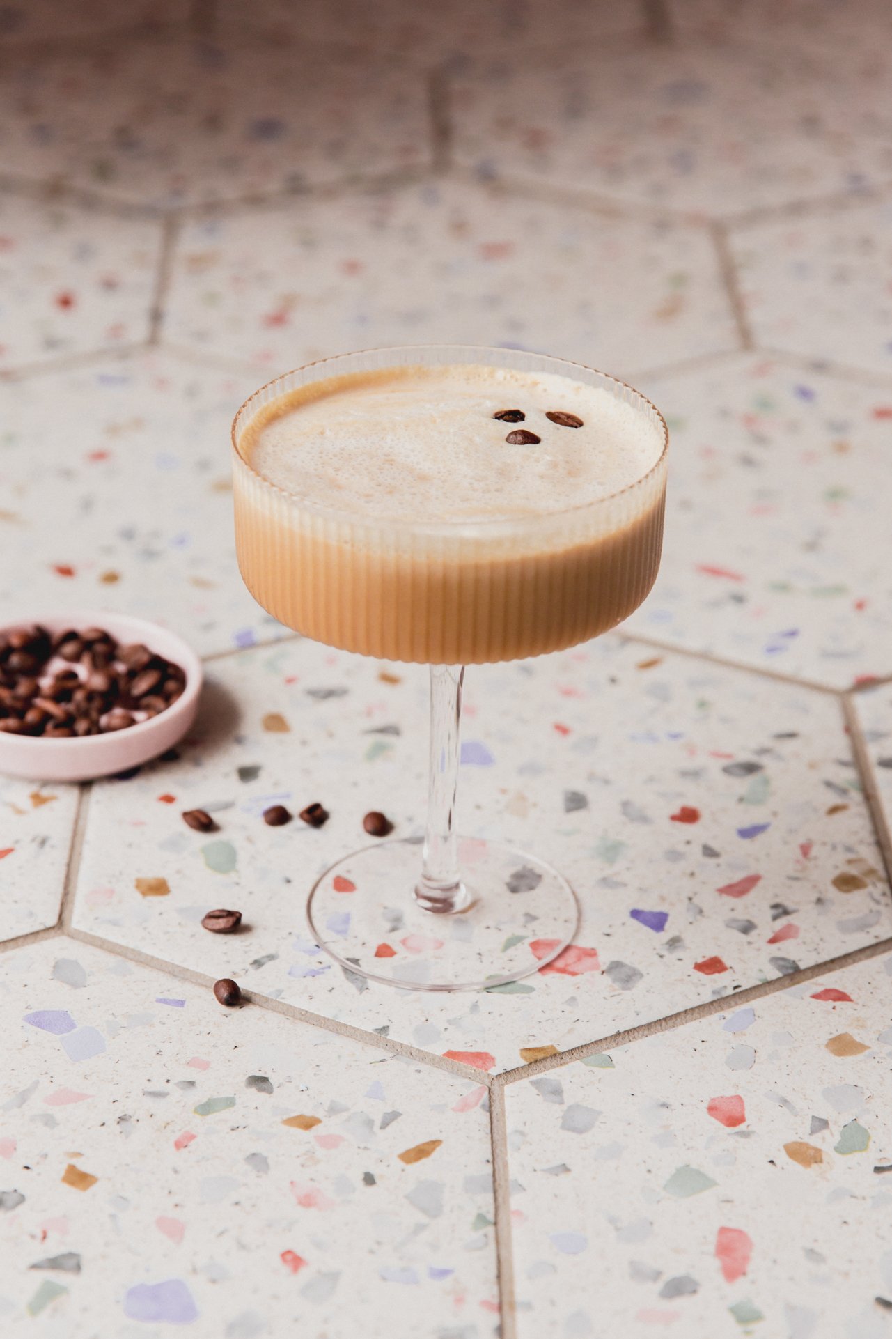 Espresso martini mocktail in a glass.