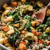 Turkey and veggie hash in a skillet.