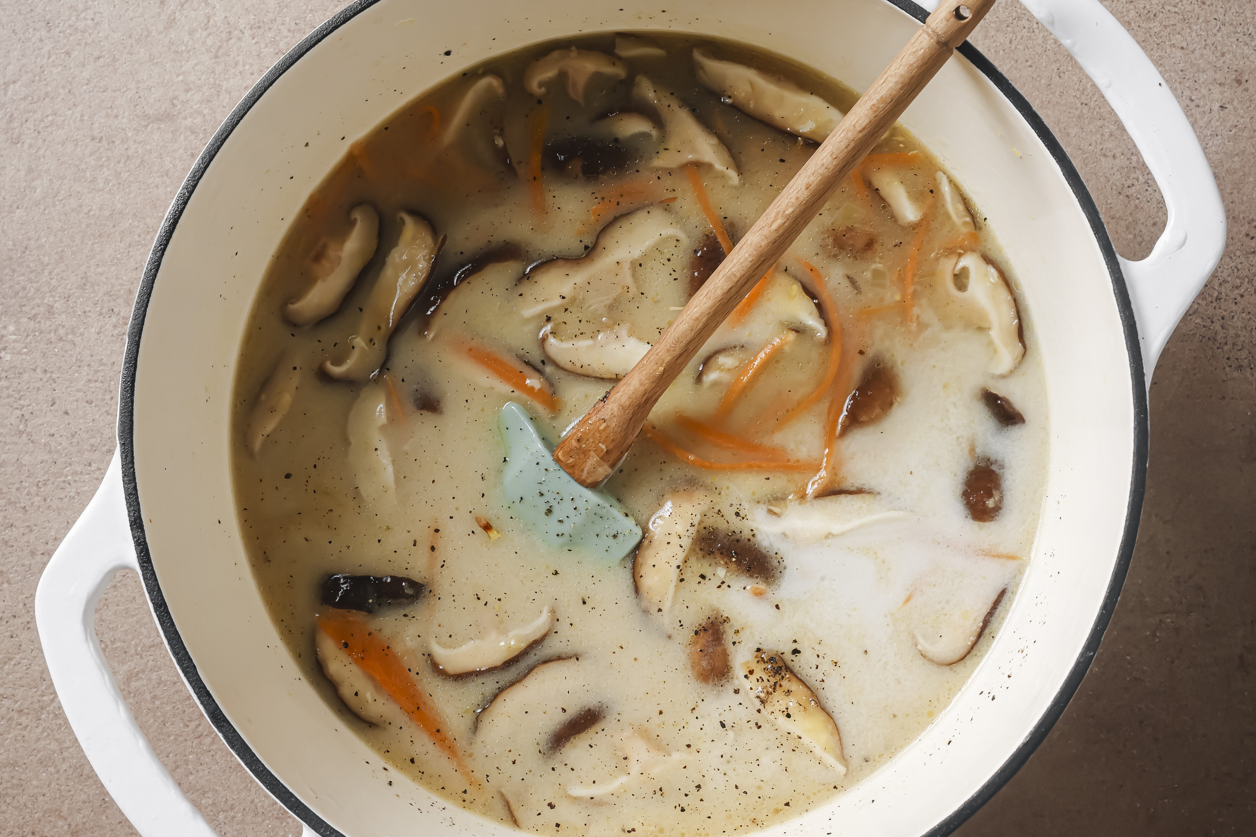Tom kha soup with added broth and coconut milk.