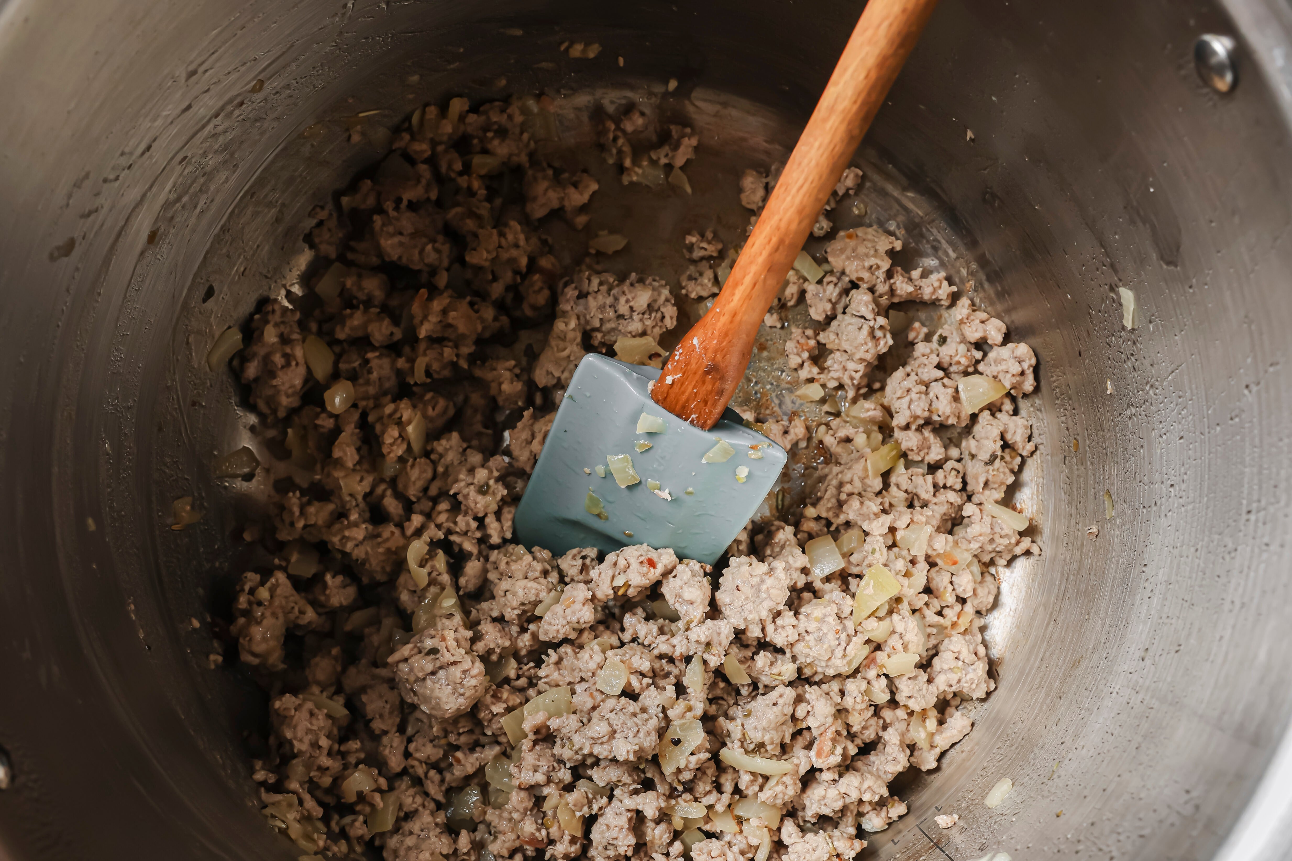 The sausage browning in the instant pot.