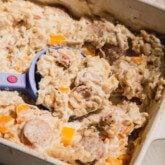 One pan chicken sausage and orzo in a casserole dish.