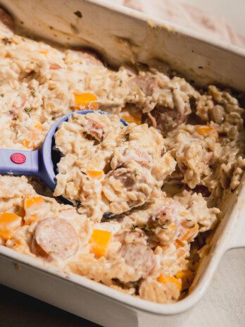 One pan chicken sausage and orzo in a casserole dish.