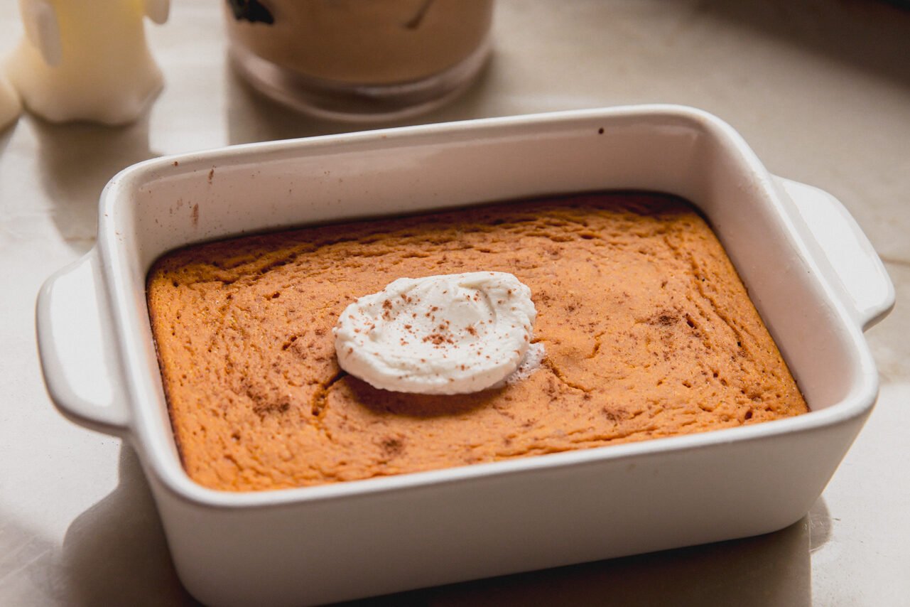 The pumpkin protein breakfast cake after baking with yogurt on top.