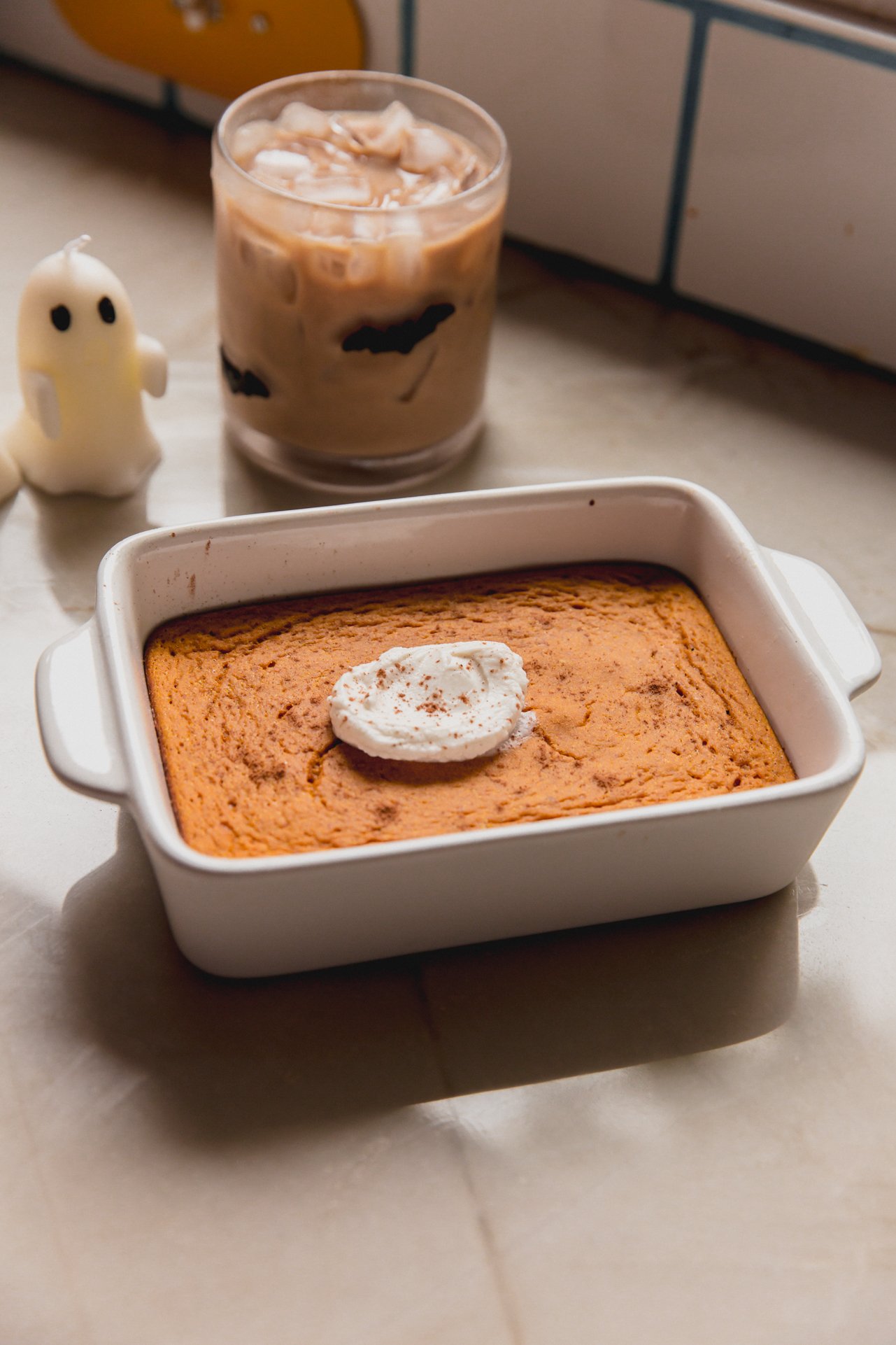The finished pumpkin protein breakfast cake before being enjoyed.
