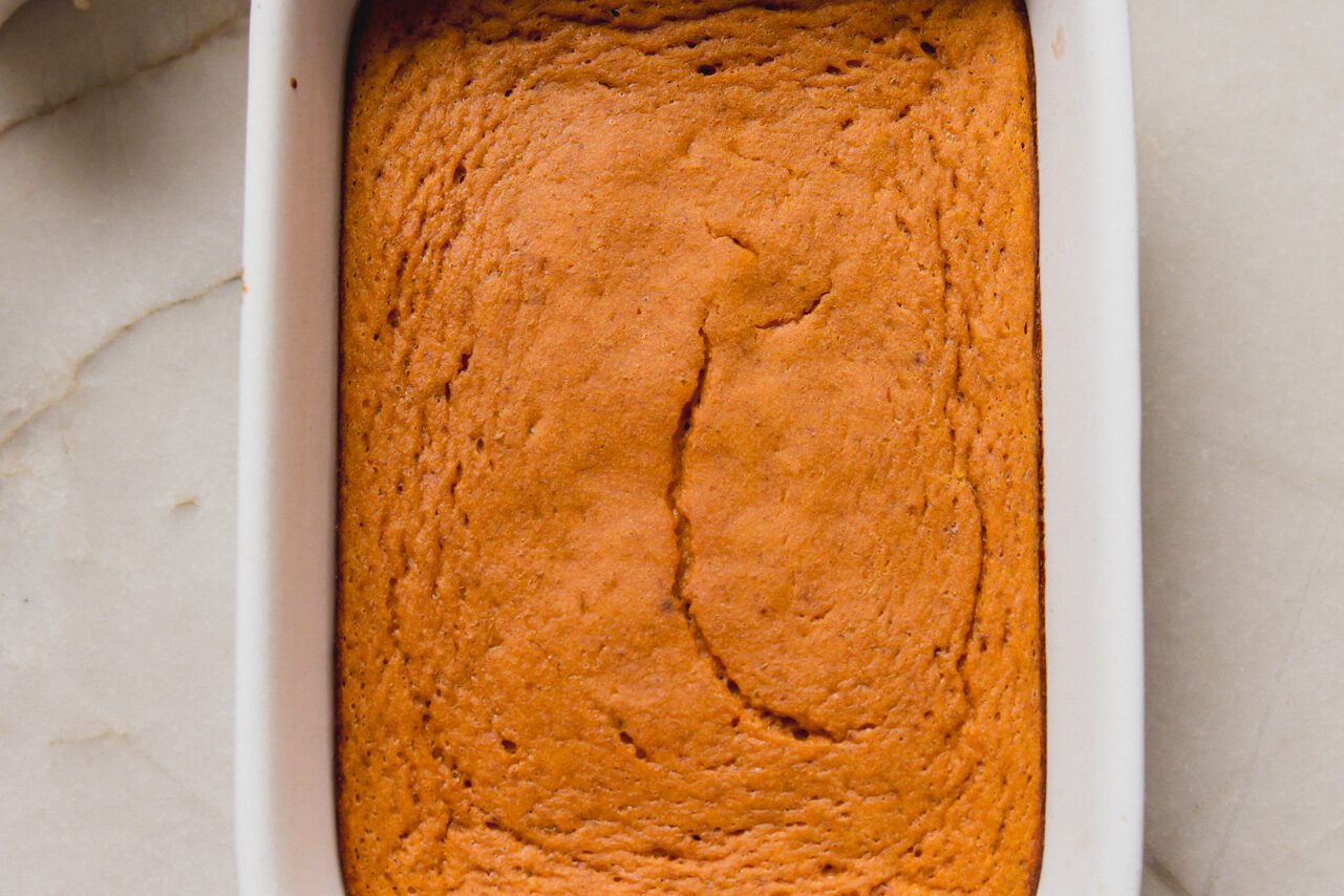 The pumpkin protein breakfast cake after baking in the oven.