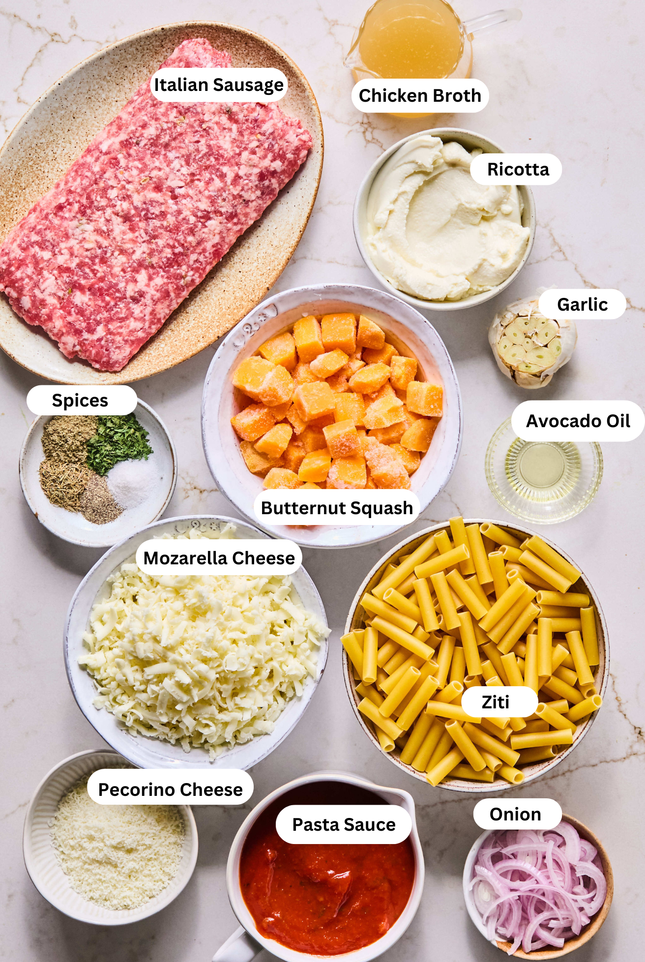 All of the ingredients for butternut squash baked ziti.