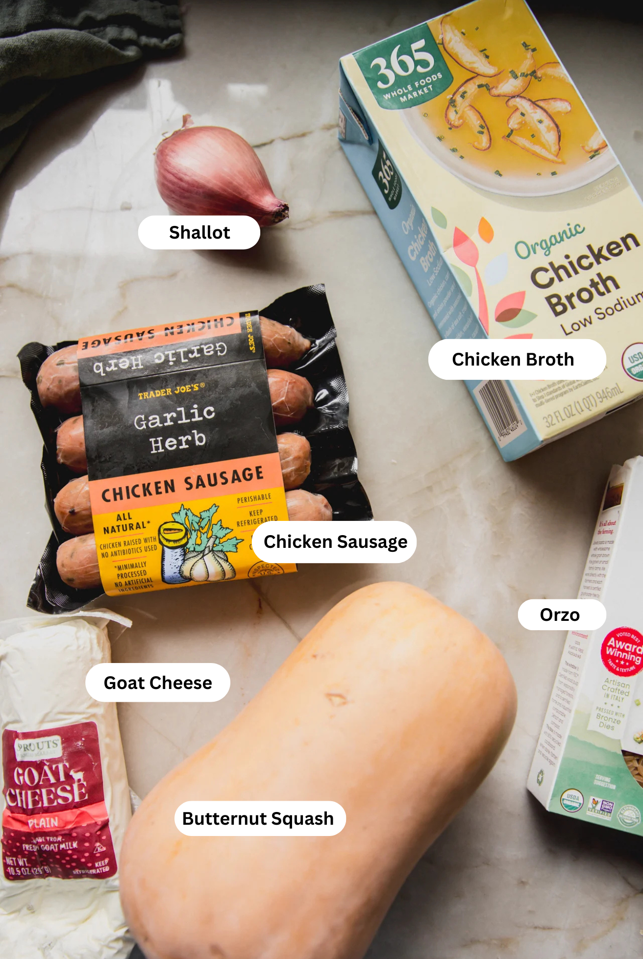 All the ingredients for chicken sausage and orzo bake.