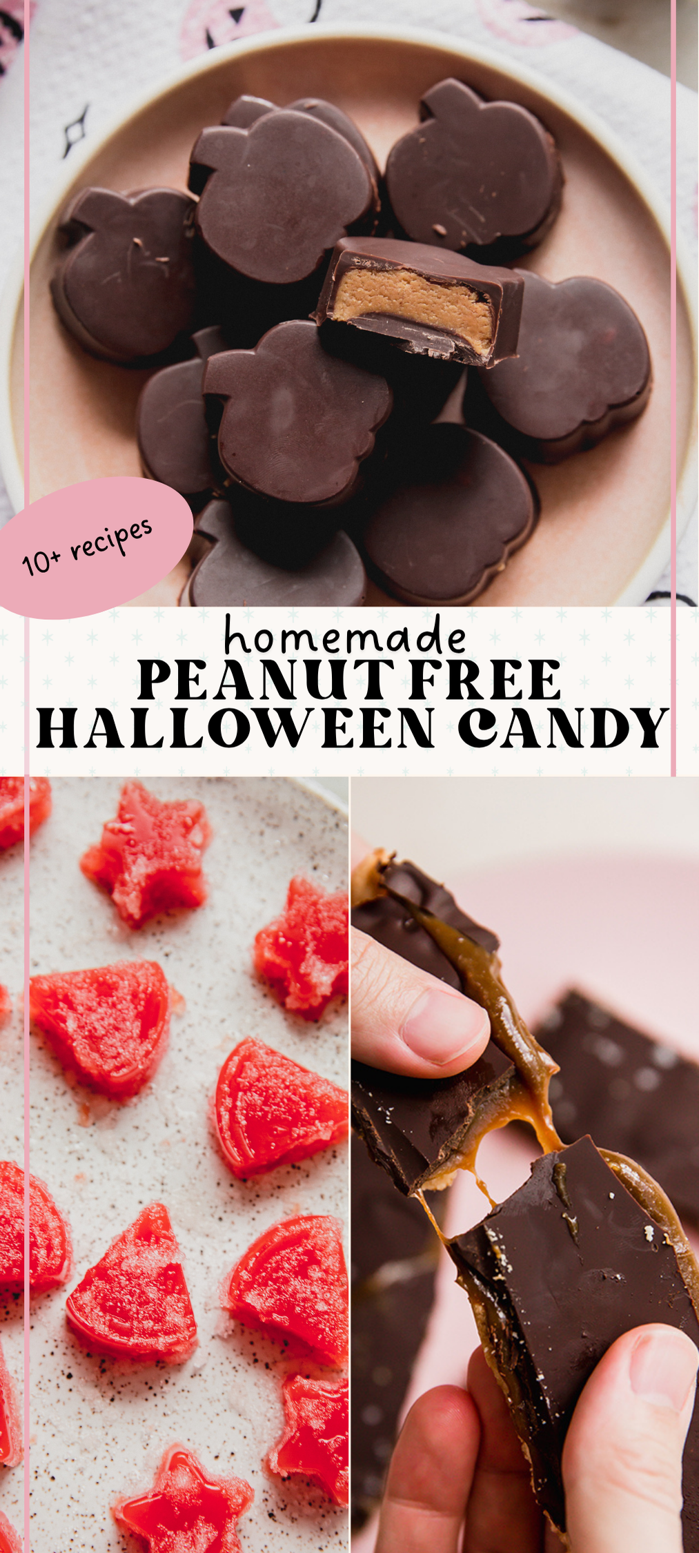 Homemade peanut free halloween candy post with pictures of twix, sour watermelon, and pumpkin almond butter cups.