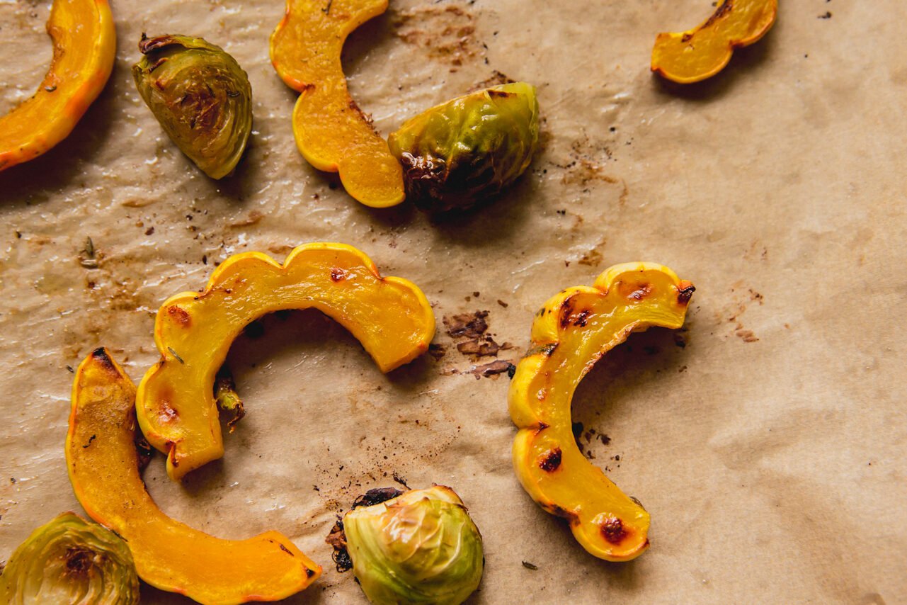 The squash and brussels sprouts after roasting.