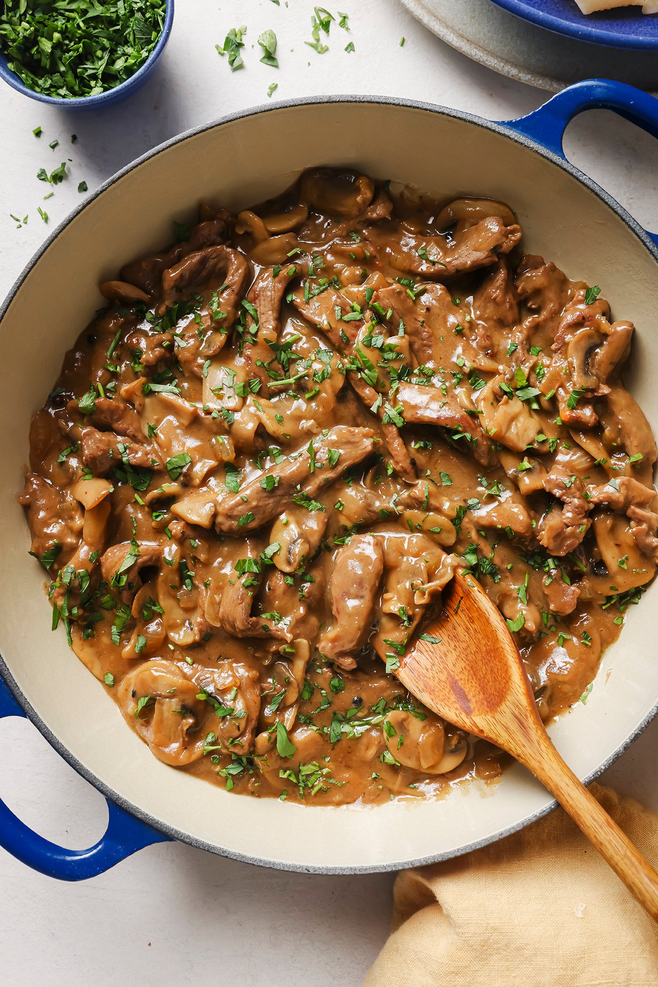 Beef stroganoff fully cooked in a large pan. 