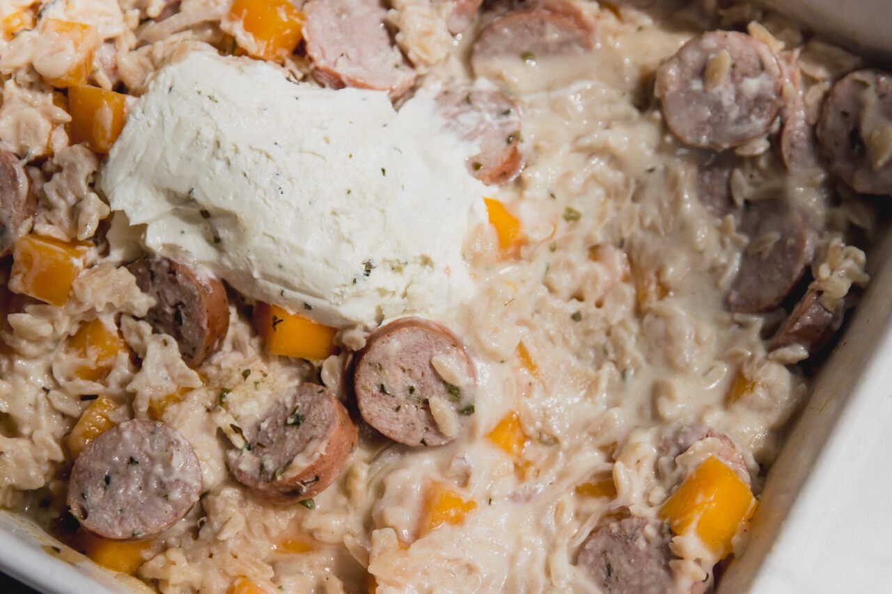 The chicken sausage and orzo after baking before being mixed.