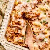 Butternut baked ziti in a casserole dish.