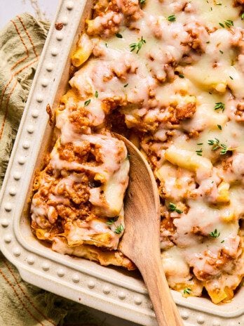 Butternut baked ziti in a casserole dish.