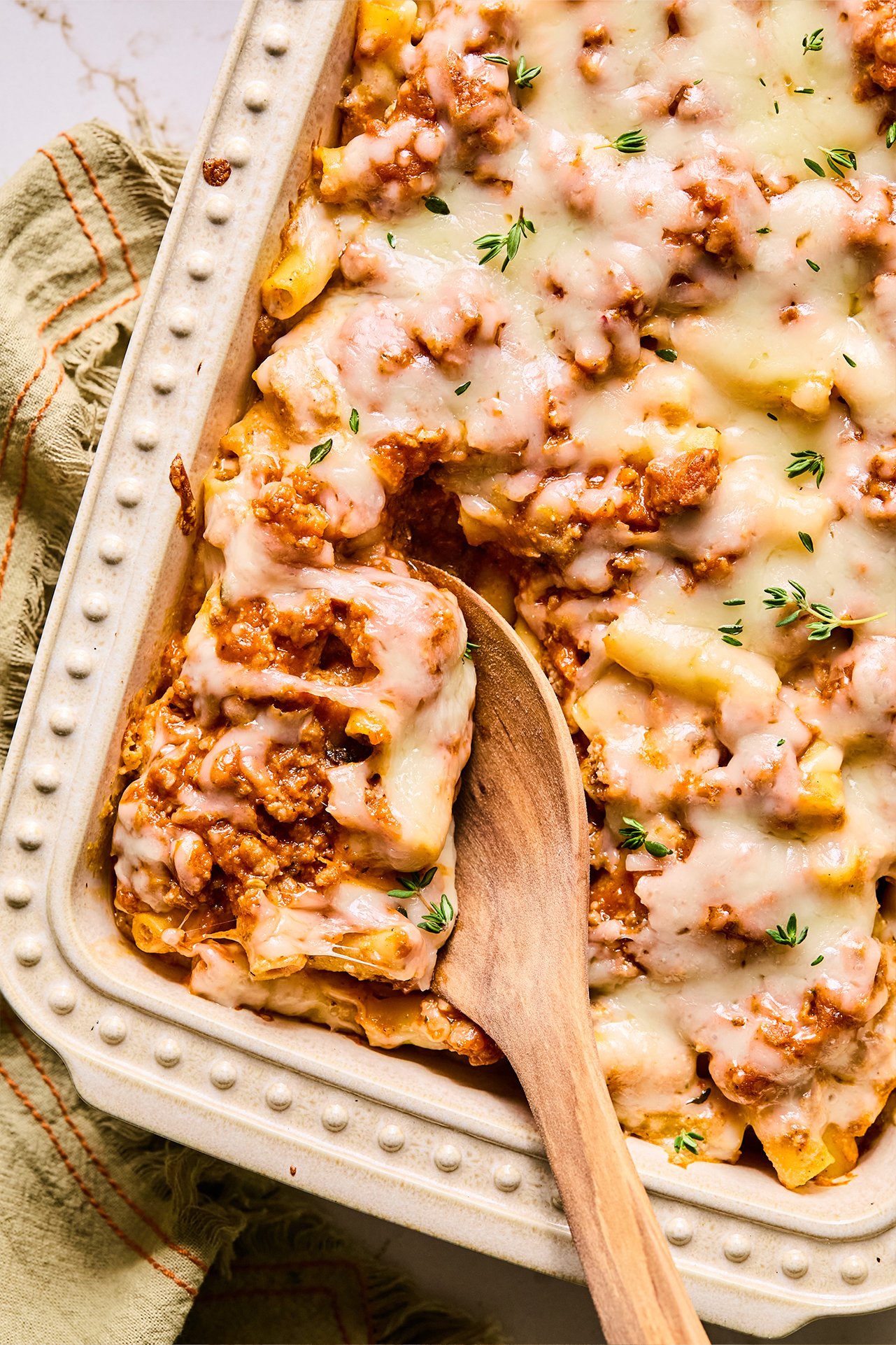 Butternut baked ziti in a casserole dish.