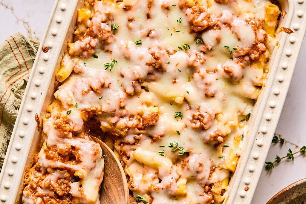The butternut squash baked ziti after baking, ready to be enjoyed.