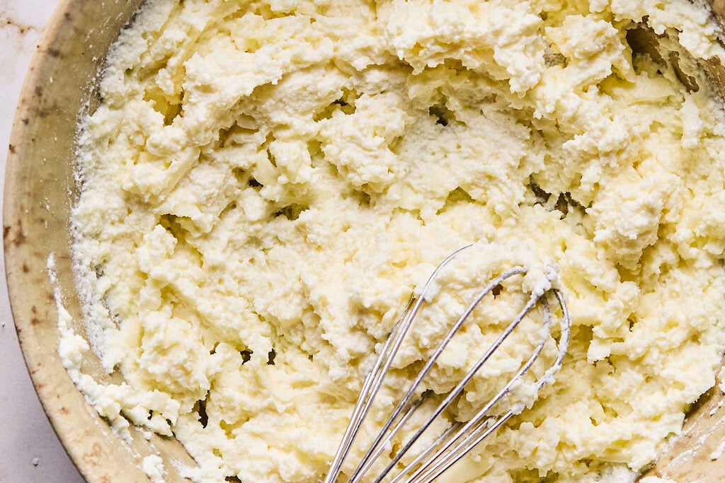 The cheese combination after mixing ricotta, pecorino, and mozzarella. 