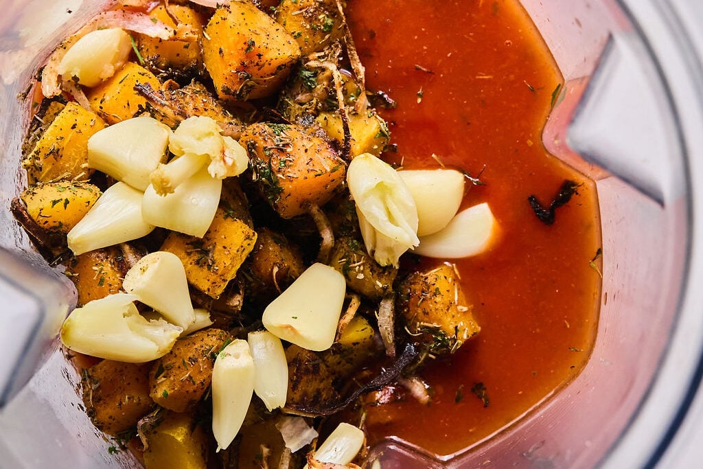 All the ingredients for the butternut squash pasta sauce in the blender before blending.