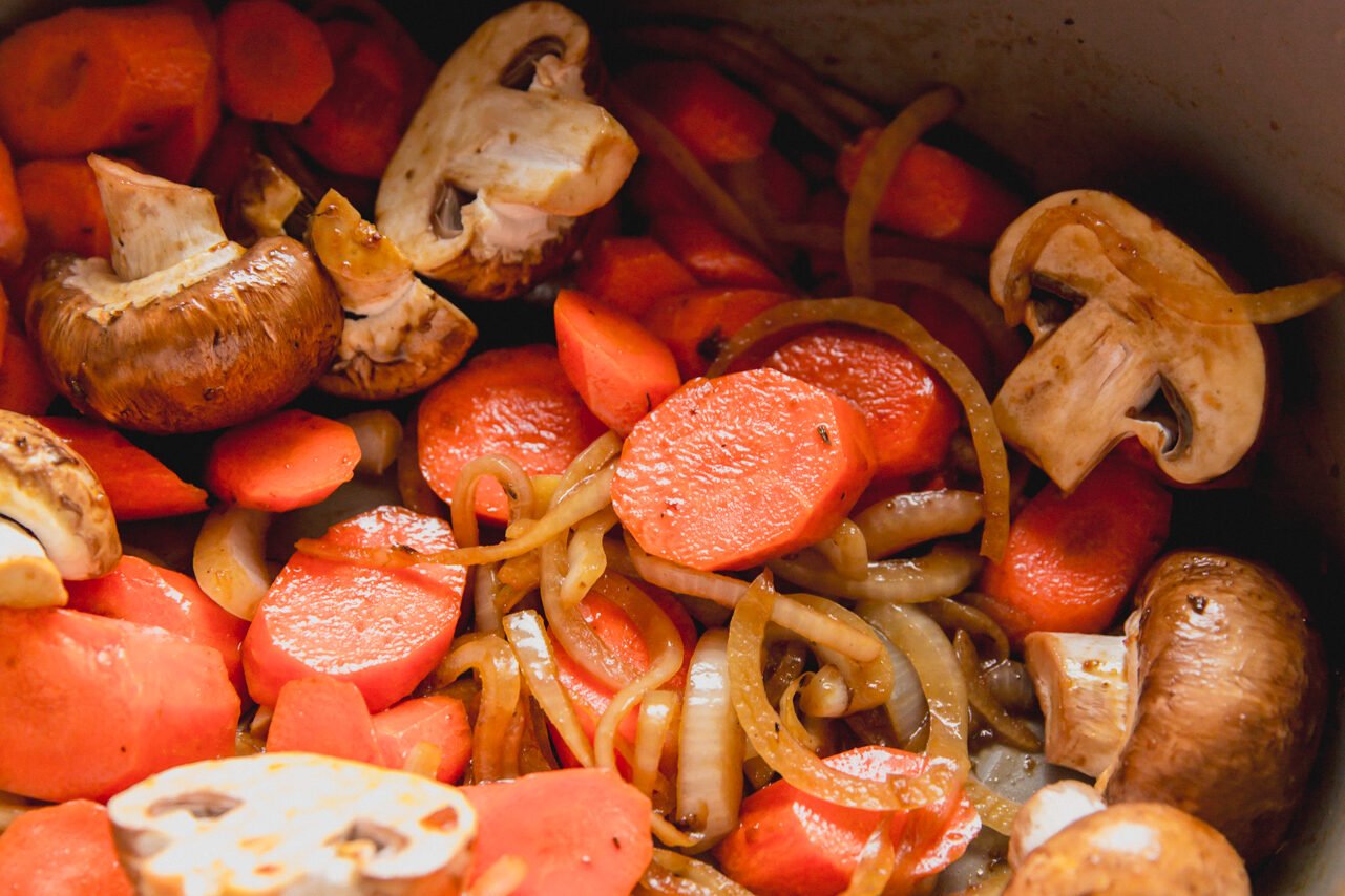 The vegetables in the pot to saute.