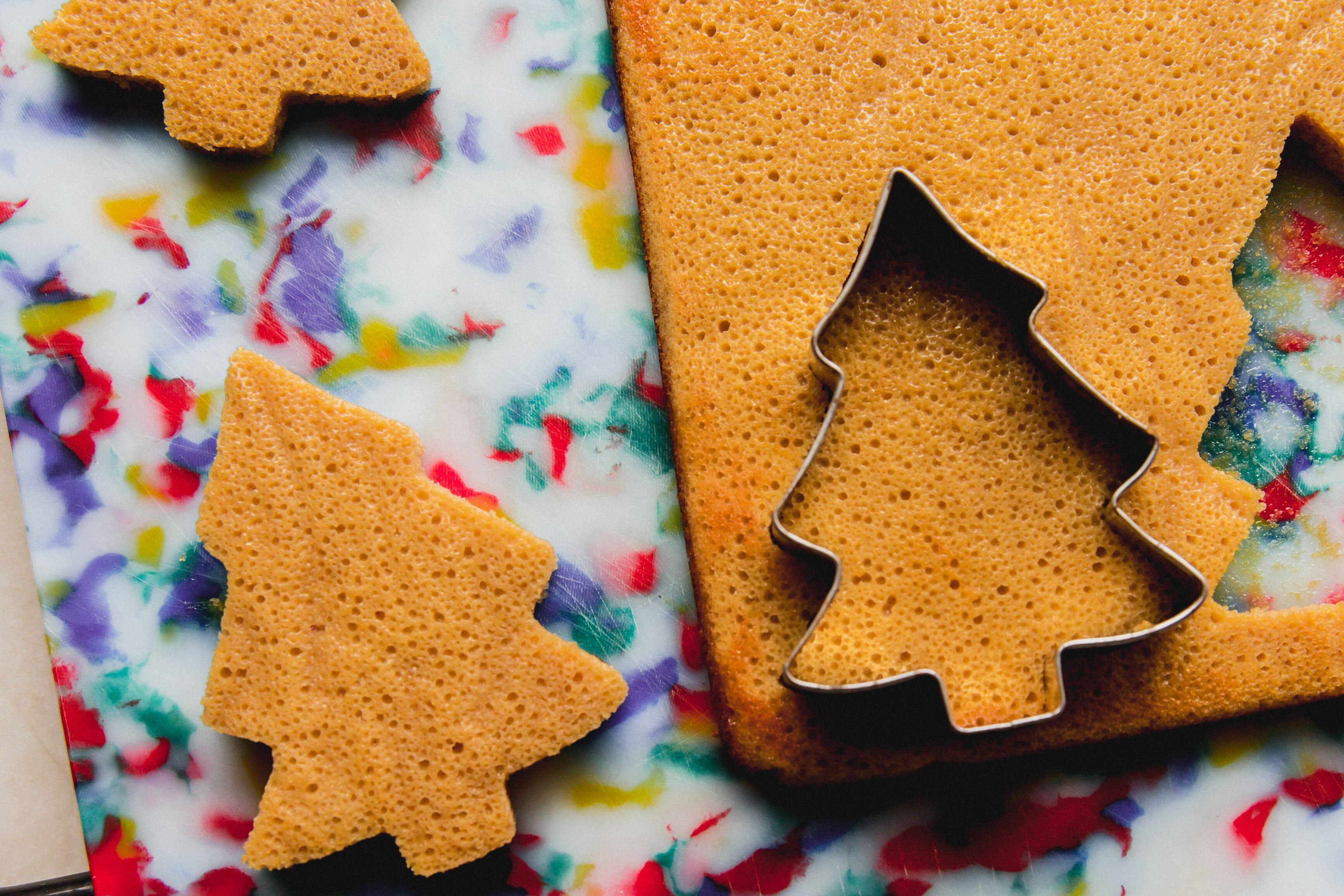 Christmas tree cakes cut with a cookie cutter.