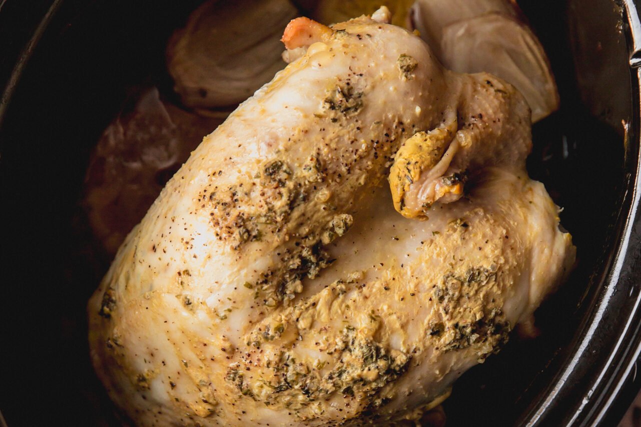 The turkey breast after fully cooking but still in the slow cooker.